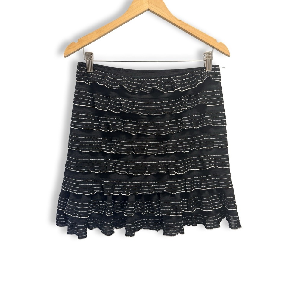 Max Studio Black White Striped Tiered Ruffle Mini Skirt Size Medium Lined Luxury